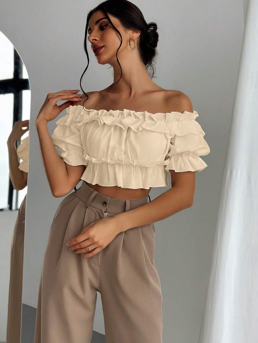 SHEIN Privé 女士蕾絲邊荷葉領泡泡袖上衣，蓬鬆設計，適合婚禮季節和約會 - 杏色 - 查看 1