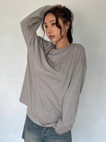 DAZY 纯色宽松长袖圆领女式T恤，秋季服装 - 灰色 - 查看 7