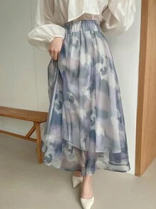 DAZY 水墨印花雪紡A字型中長裙