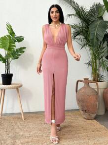 SHEIN Cottnline Pleated Fabric Rose Summer Dress With Back Detail - Jahe - View 1