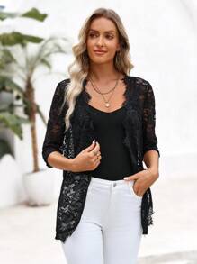 EMERY ROSE Women's Summer Lace Cardigan Jacket - Black - View 4