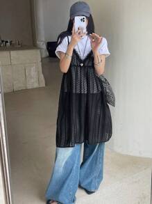 DAZY Đầm suông hở vai cổ chữ V phối ren lưới mùa hè đa năng Đầm suông trong suốt - màu đen - Xem 4