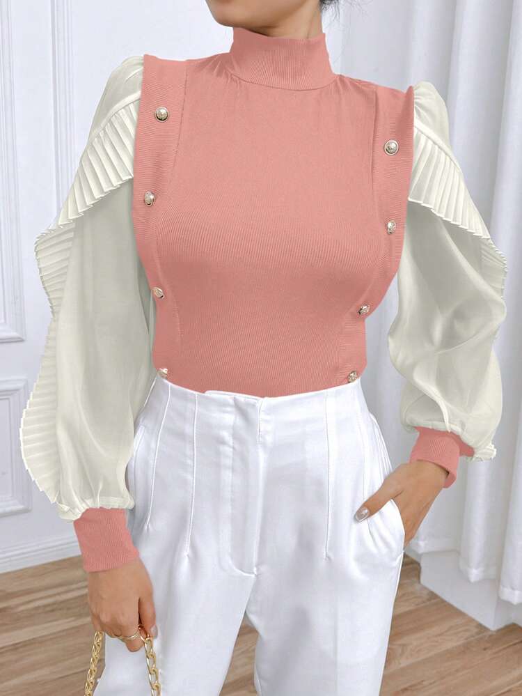 Women Spring Summer Stand Collar Colorblock Lantern Sleeve Splicing Ruffle Edge Elegant Top
