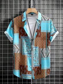 Manfinity Homme 男士夏日假日短袖襯衫（隨機裁剪印花） - 彩色 - 查看 1