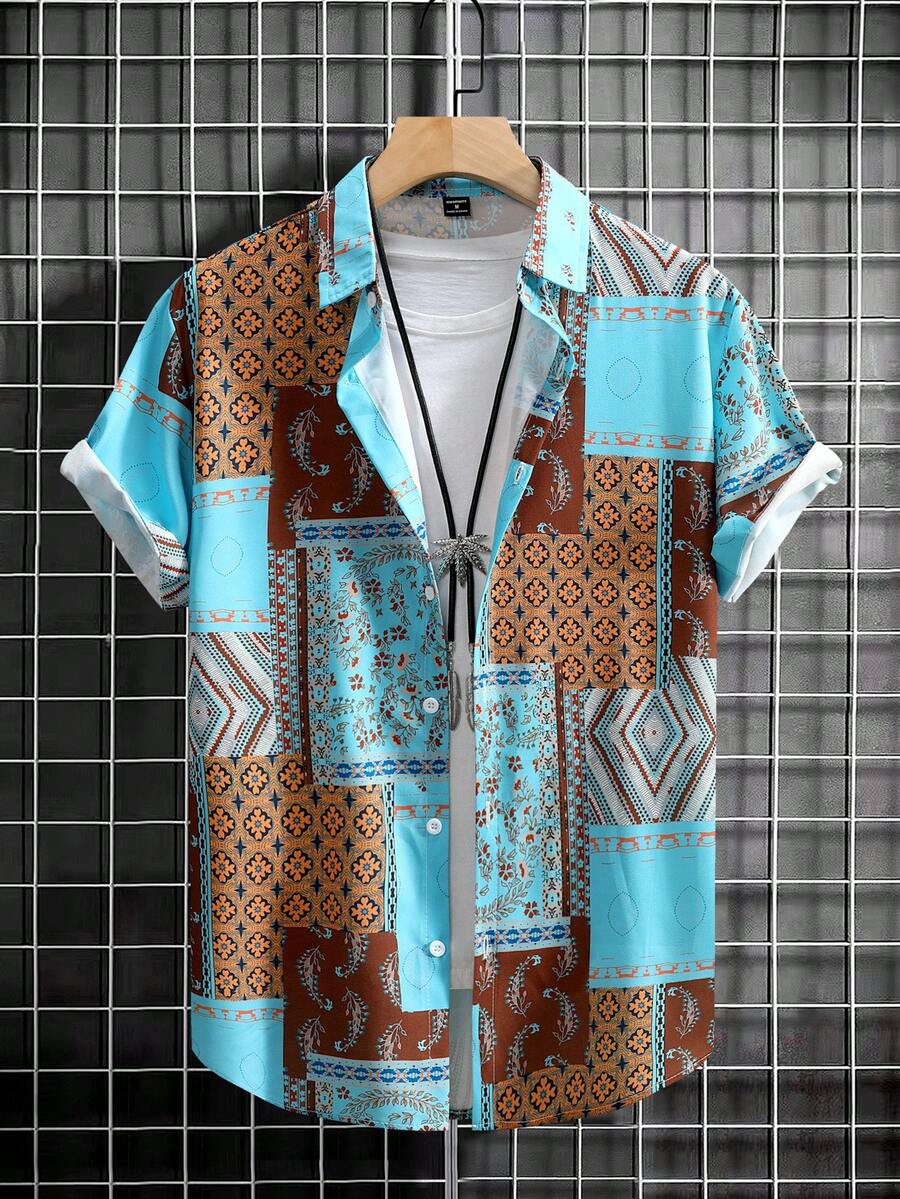 Manfinity Homme 男士夏日假日短袖襯衫（隨機裁剪印花） - 彩色 - 查看 1