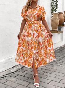 SHEIN Holidaya Plus Size In hoa thắt lưng cài cúc lên tay cánh dơi Váy sơ mi mùa hè - trái cam - Xem 5