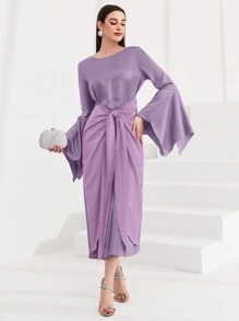 Modelyn 女性圓領純色喇叭袖帶子聚會聚會連衣裙 - 淡紫色 - 查看 6