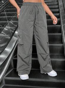 Flirla Pantalones de calle del estilo del herraje unicolor de talla extra con cinturones colgantes - Gris - Ver 7
