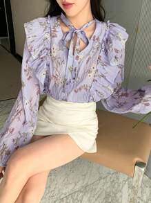 Dazy Designer Women's Spring Autumn Casual Floral Print Ruffle Design Long Sleeve Blouse