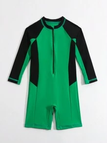 Young Boy Summer Beach Contrast Color Zipper Half Placket Long Sleeve One-Piece Swimsuit - Green - View 4
