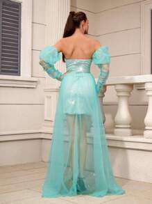 SHEIN Belle Elegantes und Edles grünes strapless Mesh-Kleid für Frauen mit Puffärmeln, hoher Taille und Mesh-Zug für Cocktail-Partys - Grün - Übersicht 10
