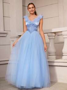 SHEIN Belle Elegante y lindo vestido azul de tul para mujer con escote en V, flores 3D y falda de princesa pomposa para eventos formales, baile de graduación, cena, boda - Celeste - Ver 7