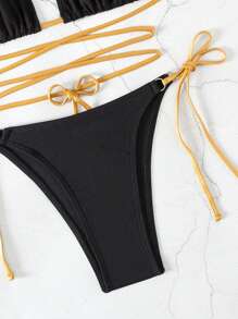 Swim SXY Ladies" Color Block Belted Sexy Bikini Set Summer Beach - Black - View 8