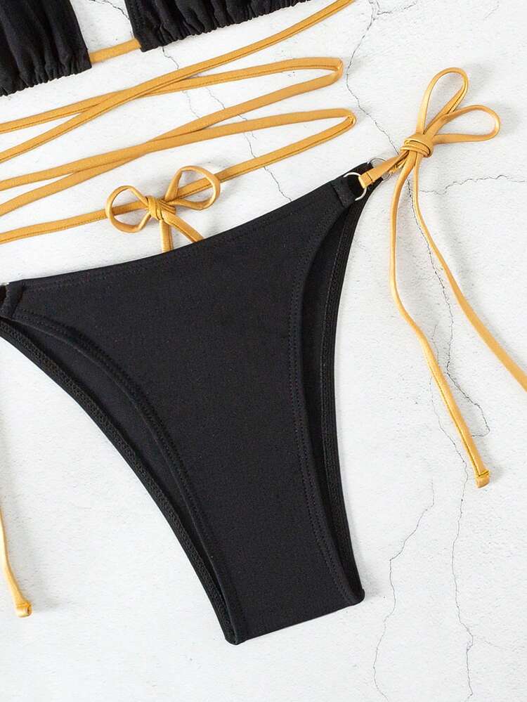 Ladies" Color Block Belted Sexy Bikini Set Summer Beach