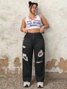 SHEIN ICON 大碼女士鬆身寬腳牛仔褲，破洞細節和口袋設計 - 黑色 - 查看 5