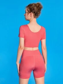 SHEIN 少女單色簡約休閒運動服套裝 - 紅色 - 查看 2