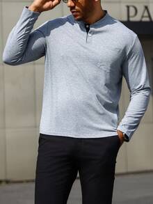 Manfinity Homme Men Plus Size Henry Collar Long Sleeve Polo Shirt - Multicolor - View 7