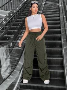 Flirla Plus Size Solid Color Cargo Pants With Drawstring Design