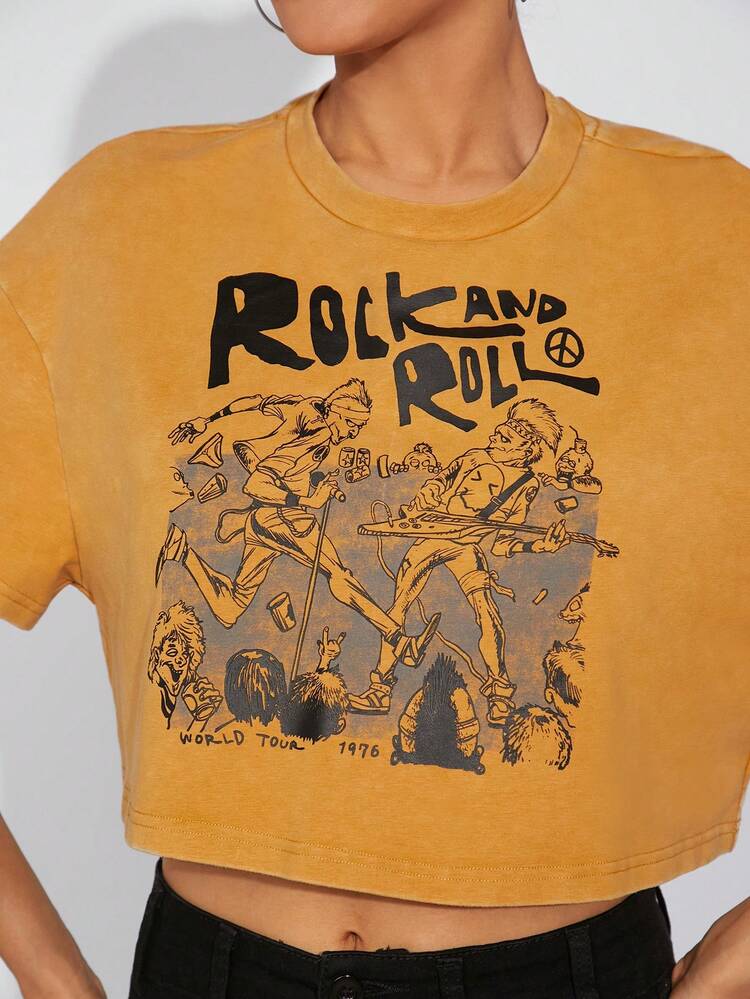 Casual Cartoon Band & Slogan Graphic Crop Tee