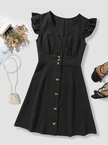 SHEIN Clasi Button Decor Deep V Neckline Ruffle Trim & Hem A-Line Summer Casual Dress - Black - View 3