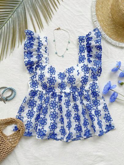 Soleia WYWH 女式夏季浪漫乡村蓝白花卉刺绣盖袖衬衫，心形领口，适合度假和婚礼季节，短袖上衣