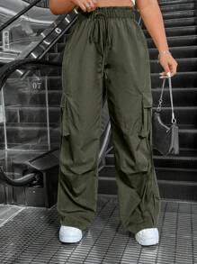 Flirla Plus Size Solid Color Cargo Pants With Drawstring Design