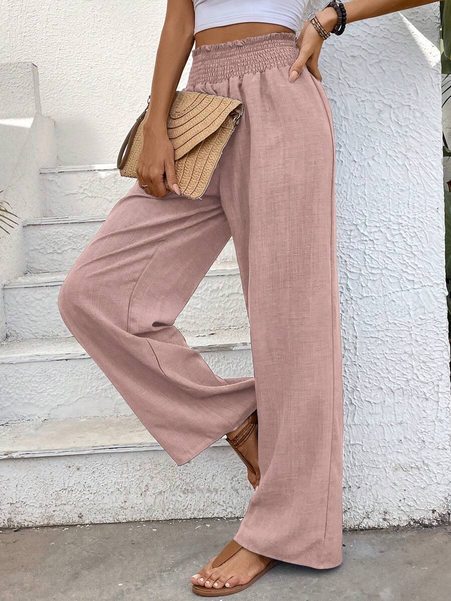 EMERY ROSE Wide Leg Pants With Ruffled Elastic Waist And Flower Gauze Fabric - Pink - View 1