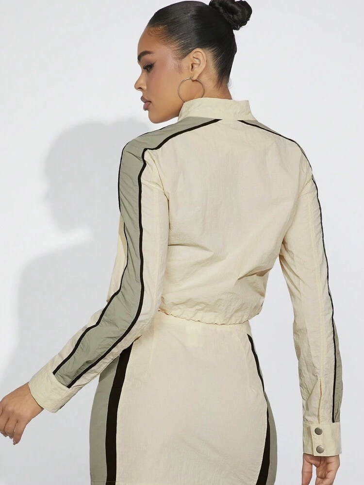 Colorblock Striped Drawstring Hem Zip Up Crop Jacket