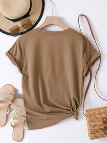 INAWLY Tree And Flower Print Round Neck Short Sleeve Summer Casual T-Shirt Graphic Tees Women Tops - Mocha Brown - View 2