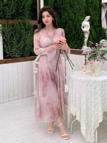 DAZY 女士扎染印花喇叭袖春秋季连衣裙，荷叶边花卉 - 淺粉色 - 查看 1