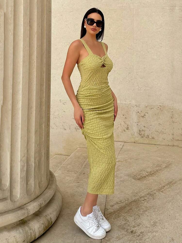 Women Summer Knitted Halter Dress With Twist And Hollow Out Detail On Chest