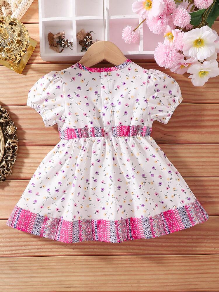 Baby Girl Casual Vintage Bohemian Style Bubble Sleeve Short-Sleeved Dress With Floral Print, Comfortable Elastic Cuff And Waist