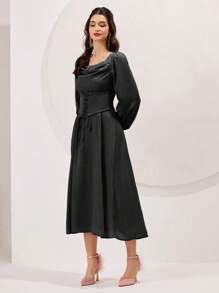 Modelyn Ladies Solid Color Spring/Summer Long Sleeve Dress With Square Neckline, Waistband And Pleat Details - Black - View 6