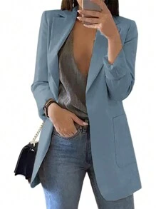 Chiquease 女性休閒槍領雙口袋前開西裝外套 - 霧霾藍 - 查看 1