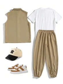 3 buc/Set Tween Boy Tricou lejer casual, Vestă țesătă de culoare solidă, Pantaloni lungi cu manșete