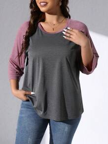 EMERY ROSE Camiseta casual de manga 3/4 cuello redondo de mujer talla grande con bloqueo de colores y diseño gráfico - Multicolor - Ver 3