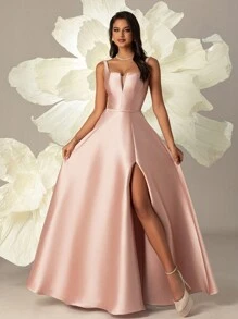 缎面高腰修身女士晚礼服优雅正式舞会婚礼宾客礼服，适合毕业典礼、晚宴派对礼服 - 藕粉色 - 查看 4