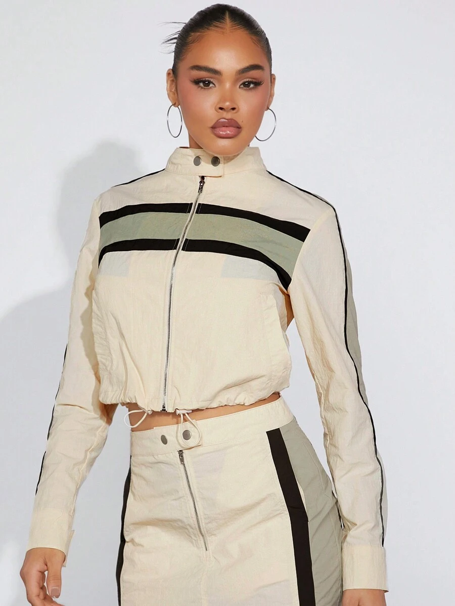 Denimoi Colorblock Striped Drawstring Hem Zip Up Crop Jacket - Multicolor - View 1