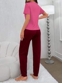 Women Summer Letter Printed Round Neck Short Sleeve T-Shirt And Long Pants Casual Pajama Set