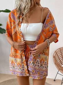 SHEIN Holidaya Women Summer Vacation Style Loose Fit Two-Piece Set Including Crop Top Kimono With Paisley Print And Shorts - Multicolor - View 3