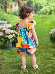 SHEIN Baby Girl Floral Print Ruffle Trim Cami Top & Shorts - Multicolor - View 2