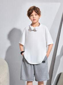 SHEIN Little Byeori Tween Boy 韩版可爱休闲连帽背心配补丁、短裤和宽松针织三件套搭配纯色圆领 T 恤 - 彩色 - 查看 8