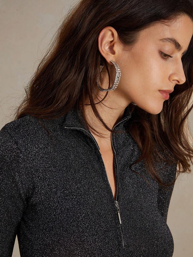 Half-Zip Collar Long Sleeve T-Shirt With Cropped Length And Exposed Navel Design, Jacket.