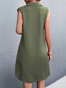 Women Summer Sleeveless Shirt Dress With Lapel Collar, Button Closure And Split Hem - Army Green - View 2
