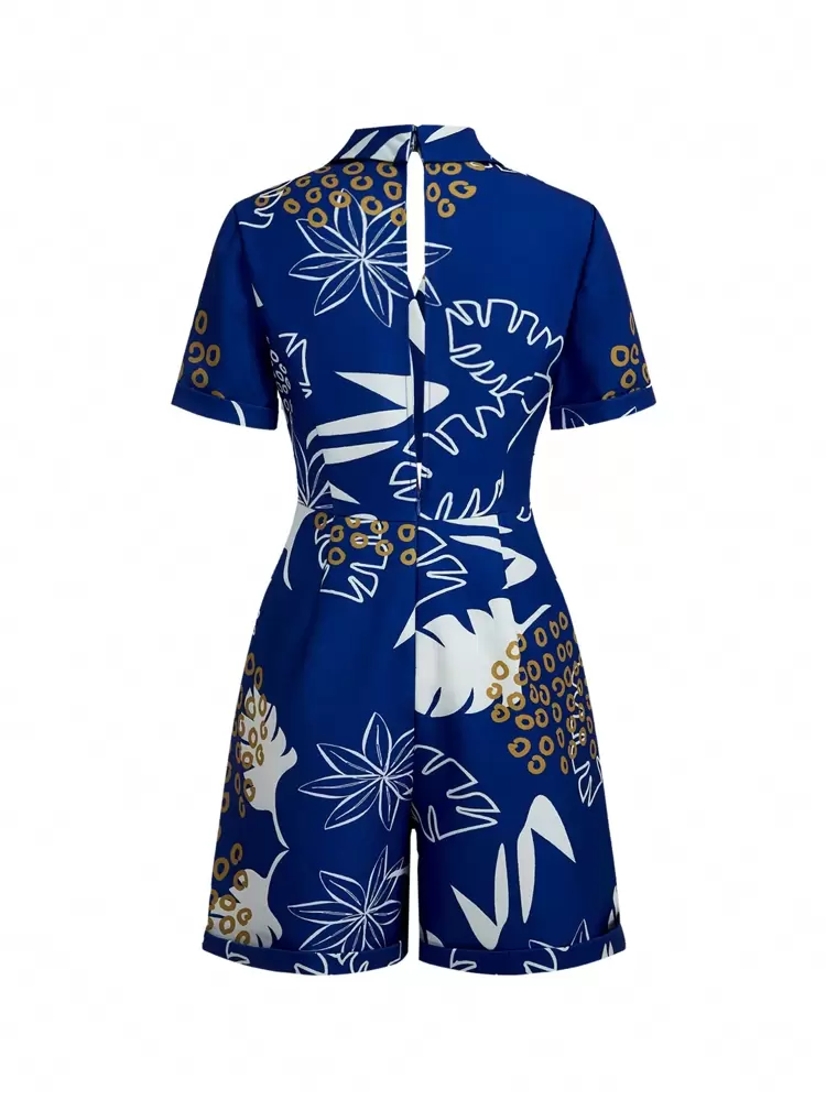 Designer Boho Bohemian Women's Tropical Plant Print Surplice Short Sleeve Romper, For Summer, Holiday, Vacation, Beach, Festival, Ibiza Fits