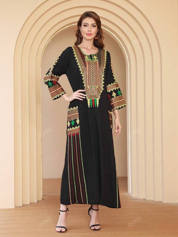 Abito elegante stile arabo ricamato JALABIA, abito tradizionale a collo rotondo colorato, primavera/estate 2025, Ramadan, Eid Al Adha, Kaftan modesto