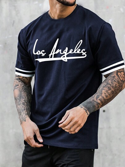 Manfinity Homme Camiseta casual de manga corta con ajuste ceñido y estampado de letras de Los Ángeles para hombre, para salir