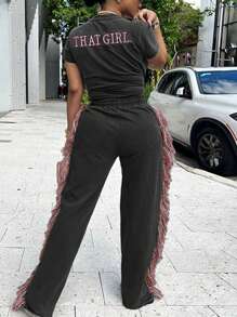 2 件套字母印花圆领短袖 T 恤和流苏边休闲裤夏季服装 - 灰色 - 查看 2