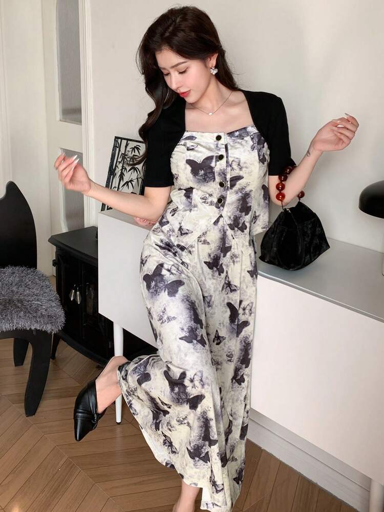 Women's All Over Printed Short Sleeve Cardigan And Skirt Two Pieces Set For Summer,Ruffle