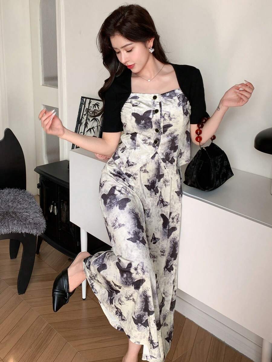 DAZY Women's All Over Print Short Sleeve Cardigan And Skirt Two Pieces Set For Summer,Ruffle Lounge Sets For Women - Black - View 1